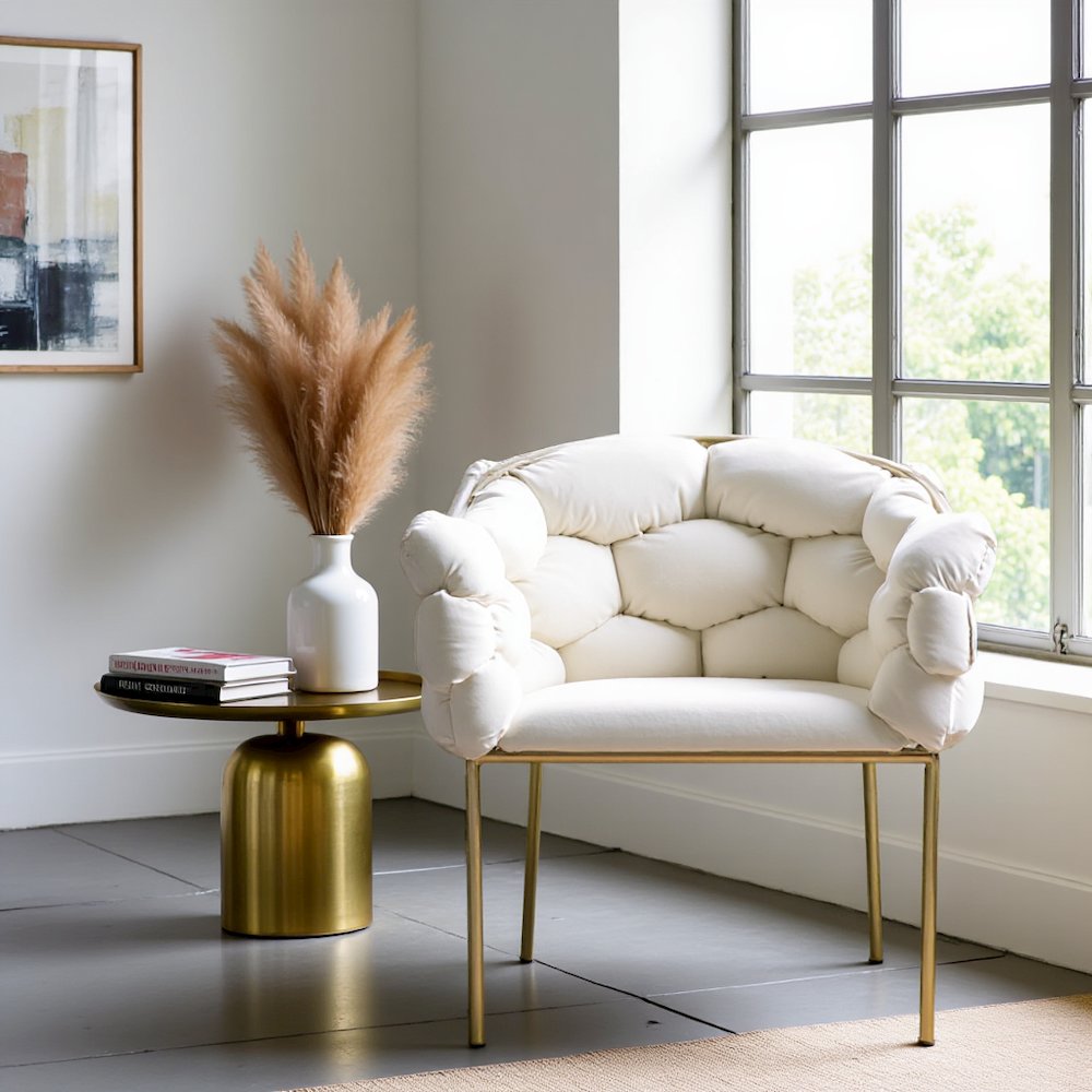 Off-White Modern Upholstered Dining Chair, Cozy Chair With Brass Metal Frame
