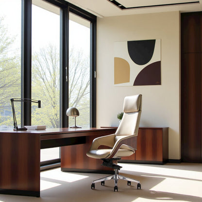 Beige Leather Desk Chair, Modern Office Chair With Wheels And Comfy Support