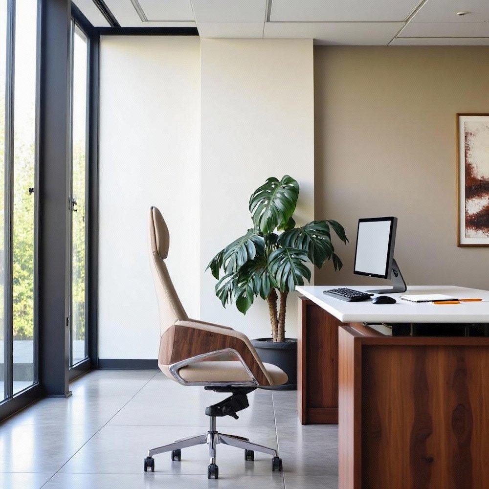 Beige Leather Desk Chair, Modern Office Chair With Wheels And Comfy Support