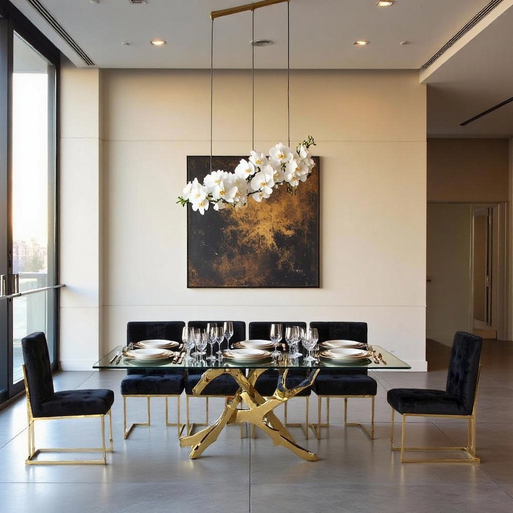 Glass Kitchen Table With Gold Base, Modern Dining Room Table For 6 People
