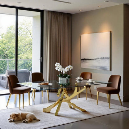 Glass Kitchen Table With Gold Base, Modern Dining Room Table For 6 People