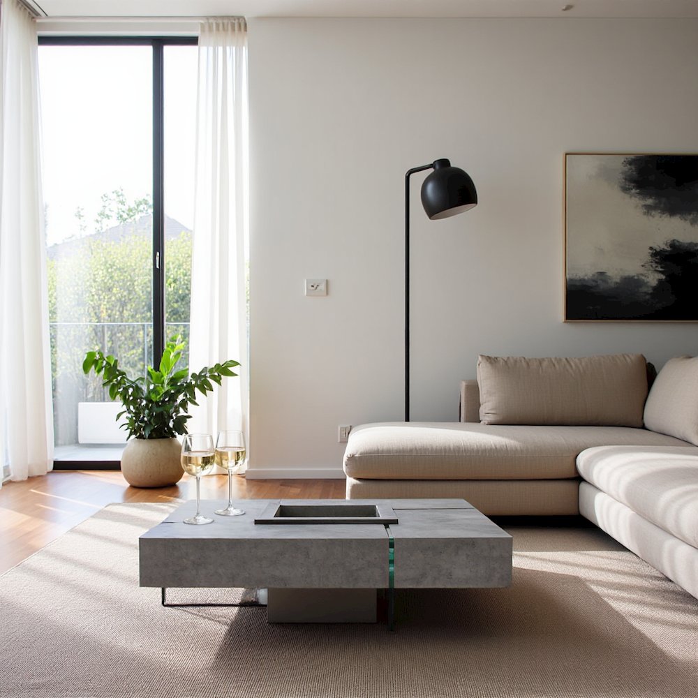 Square Concrete Floating Coffee Table With Glass Legs, Modern Coffee Table