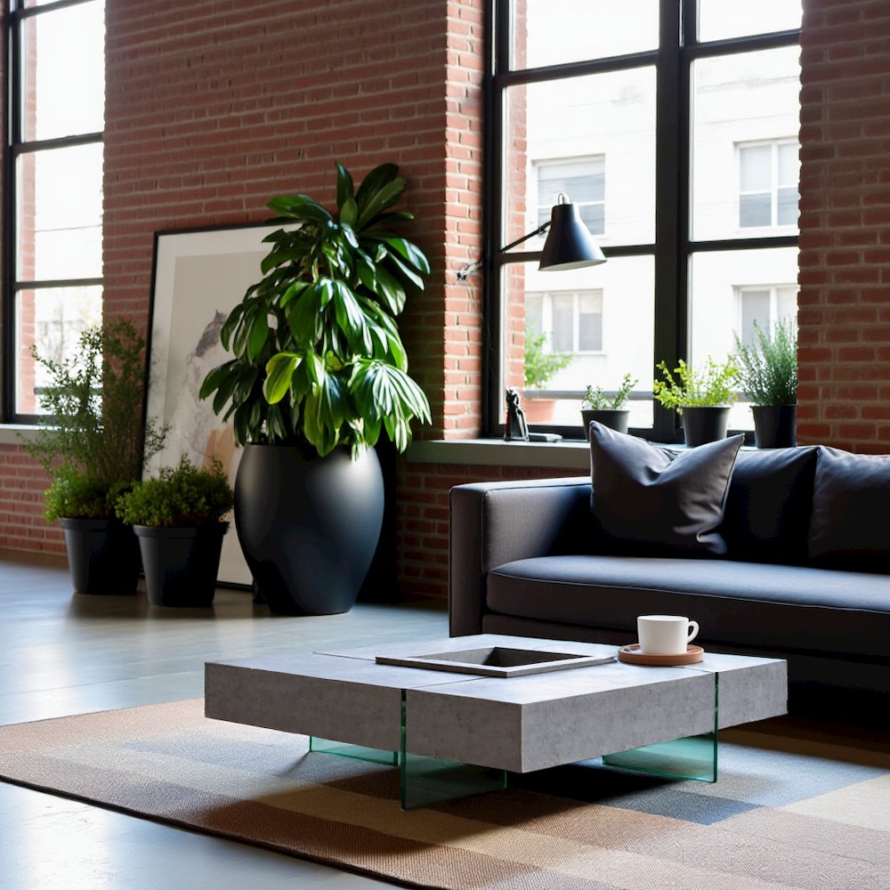 Square Concrete Floating Coffee Table With Glass Legs, Modern Coffee Table