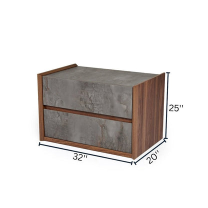Gray Nightstand With 2 Drawers, Modern Walnut Veneer Bedroom Side Table