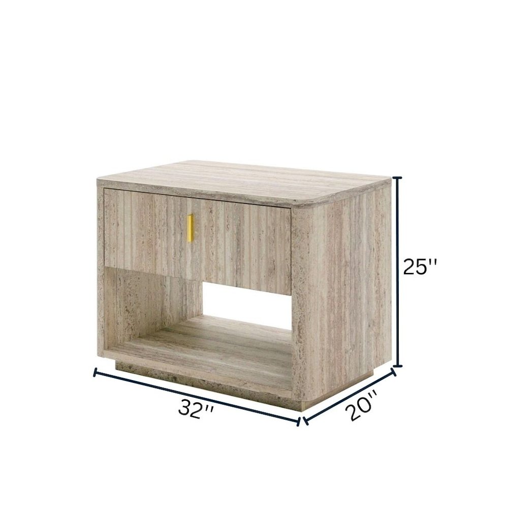 Modern Nightstand In Gray Faux Travertine, Bedside Table With Drawer Storage