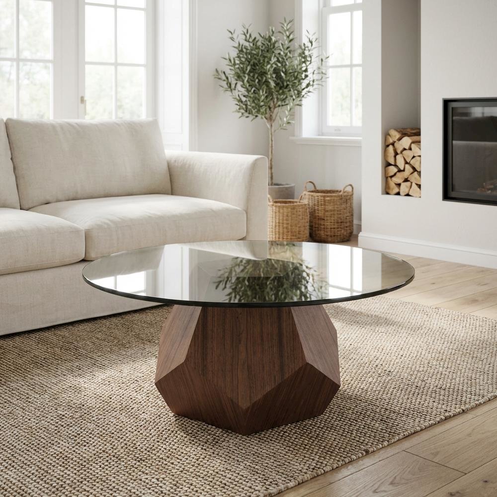 Brown Glass and Veneer Coffee Table with Mid-Century Style and Walnut Finish
