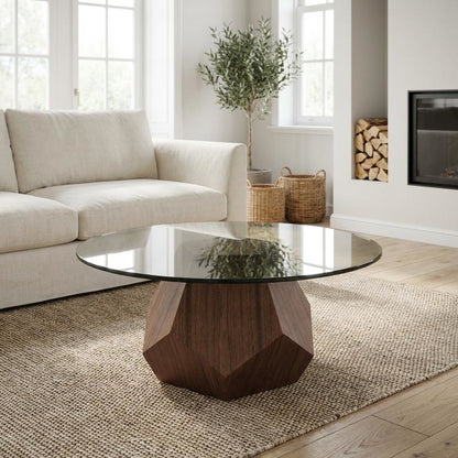 Brown Glass and Veneer Coffee Table with Mid-Century Style and Walnut Finish