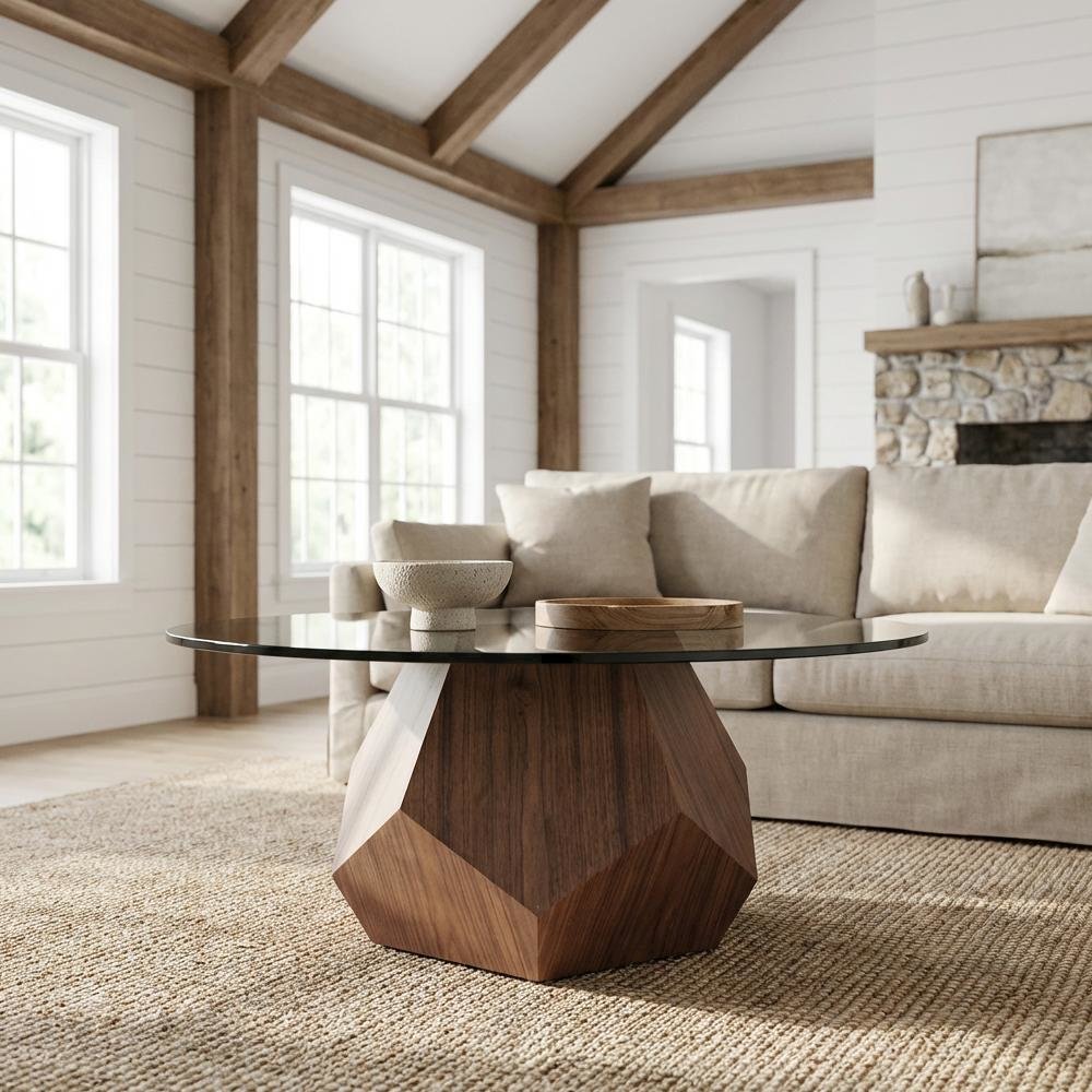 Brown Glass and Veneer Coffee Table with Mid-Century Style and Walnut Finish