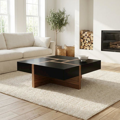 Black Coffee Table with Walnut Veneer Top and MDF Base Modern Design