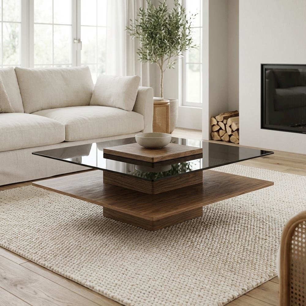 Veneer Walnut Square Coffee Table with Glass Top and Manufactured Wood Base