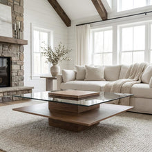 Veneer Walnut Square Coffee Table with Glass Top and Manufactured Wood Base