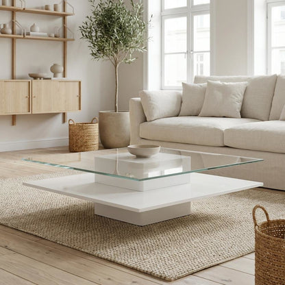 White Glass Coffee Table with MDF Base and Modern Design for Living Room