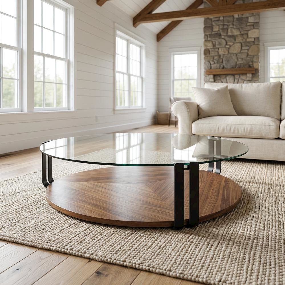 Gray Coffee Table with Glass Top and Metal Frame, Modern Veneer Design