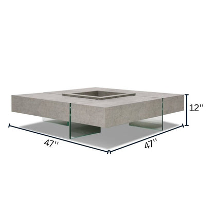 Square Concrete Floating Coffee Table With Glass Legs, Modern Coffee Table