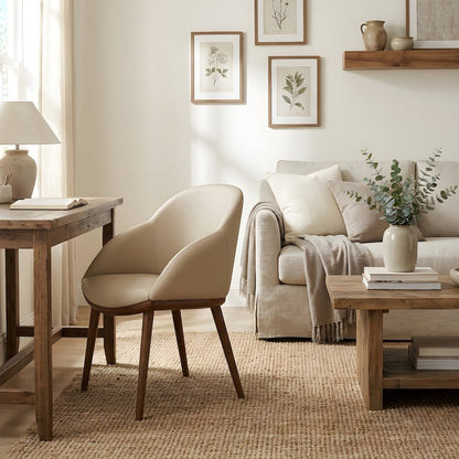 Vegan Leather-Upholstered Mid-Century Modern Dining Chair with Walnut Legs