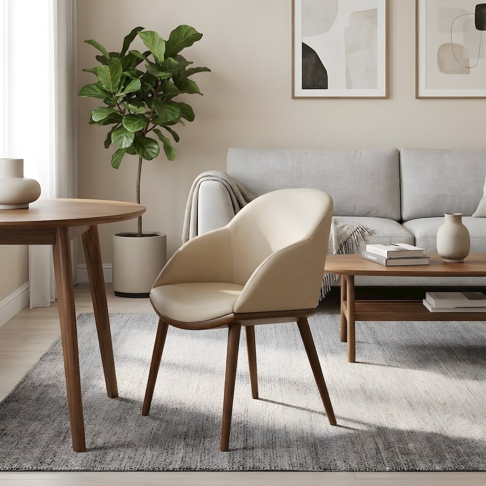 Vegan Leather-Upholstered Mid-Century Modern Dining Chair with Walnut Legs