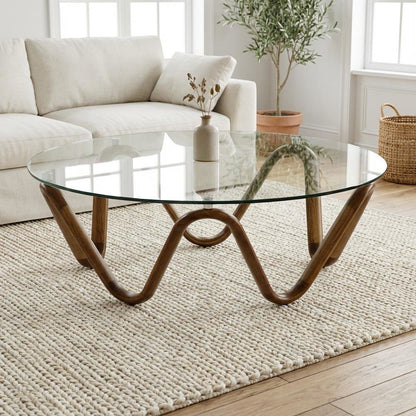 Brown Glass and Walnut Coffee Table with Wood Veneer Surface and Sturdy Frame