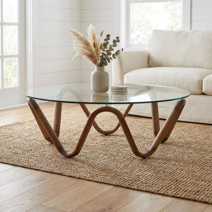 Brown Glass and Walnut Coffee Table with Wood Veneer Surface and Sturdy Frame