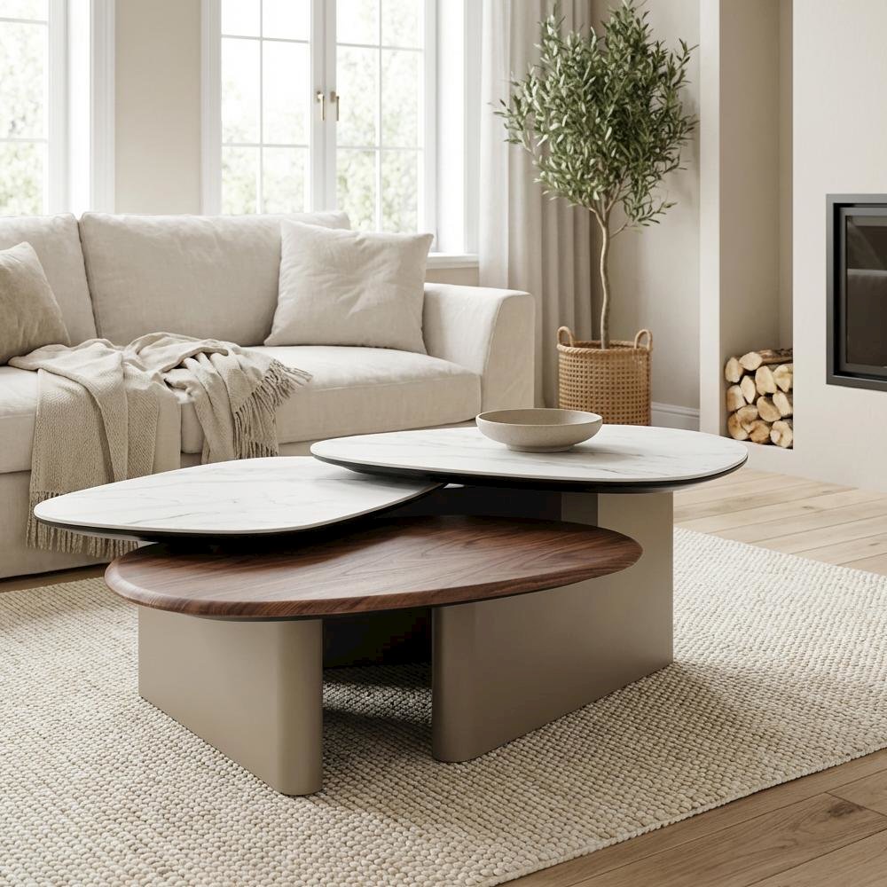 Brown Ceramic Top Coffee Table with Walnut Base, Sturdy Manufactured Wood Frame