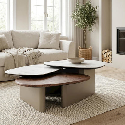 Brown Ceramic Top Coffee Table with Walnut Base, Sturdy Manufactured Wood Frame