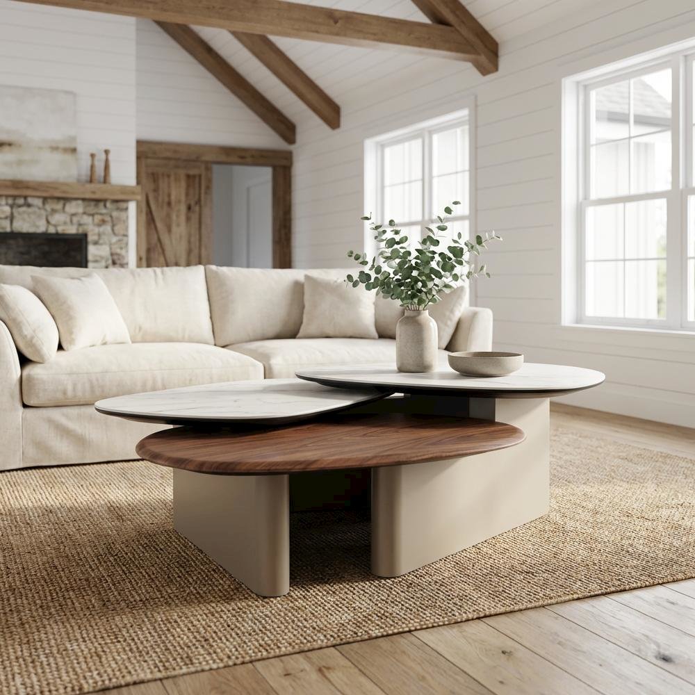 Brown Ceramic Top Coffee Table with Walnut Base, Sturdy Manufactured Wood Frame