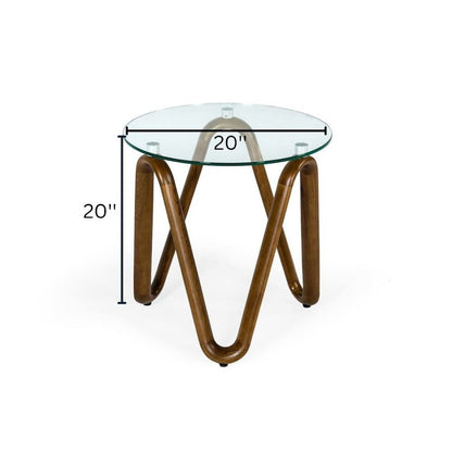 Round Glass End Table With Walnut Base, Solid Wood Side Accent Table
