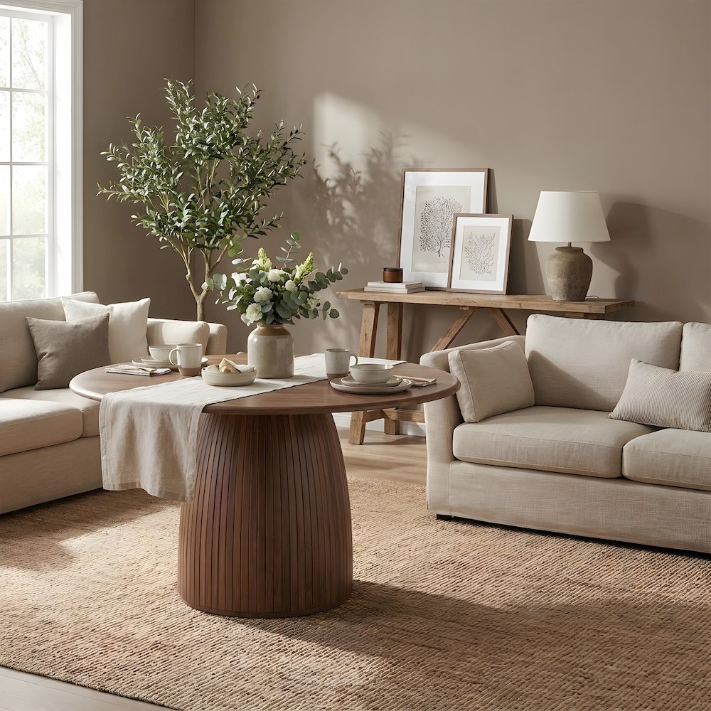 Walnut Veneer Round Dining Table with Panel Pedestal Base, Seats 5