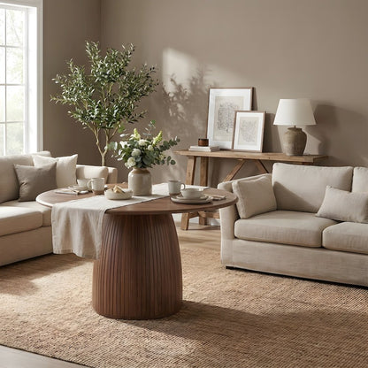 Walnut Veneer Round Dining Table with Panel Pedestal Base, Seats 5