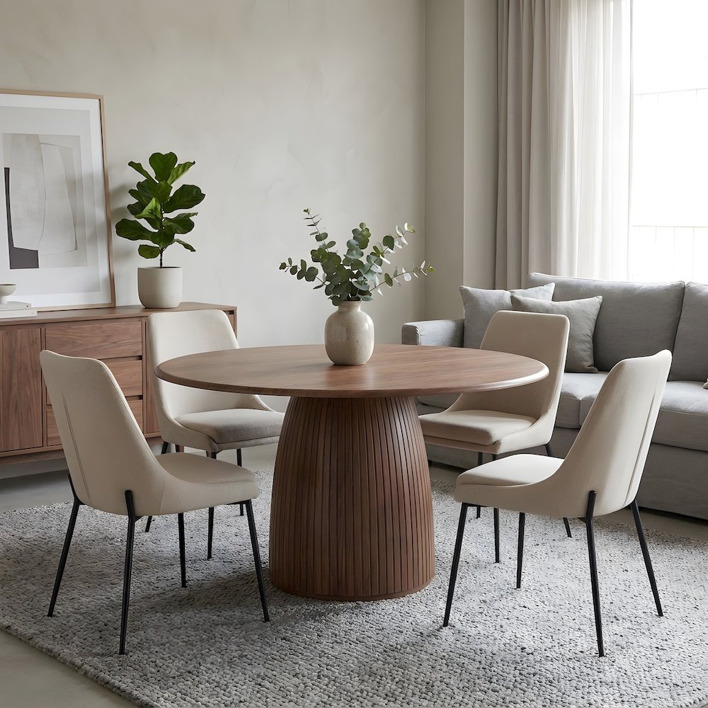 Walnut Veneer Round Dining Table with Panel Pedestal Base, Seats 5