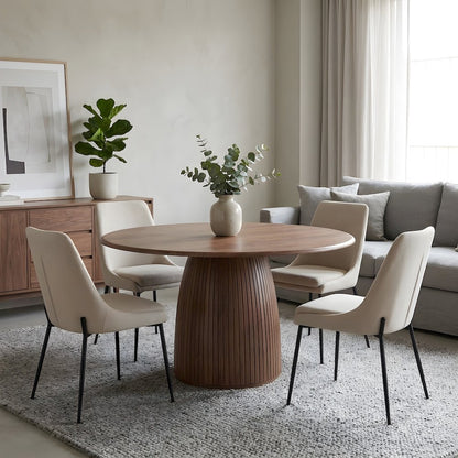 Walnut Veneer Round Dining Table with Panel Pedestal Base, Seats 5