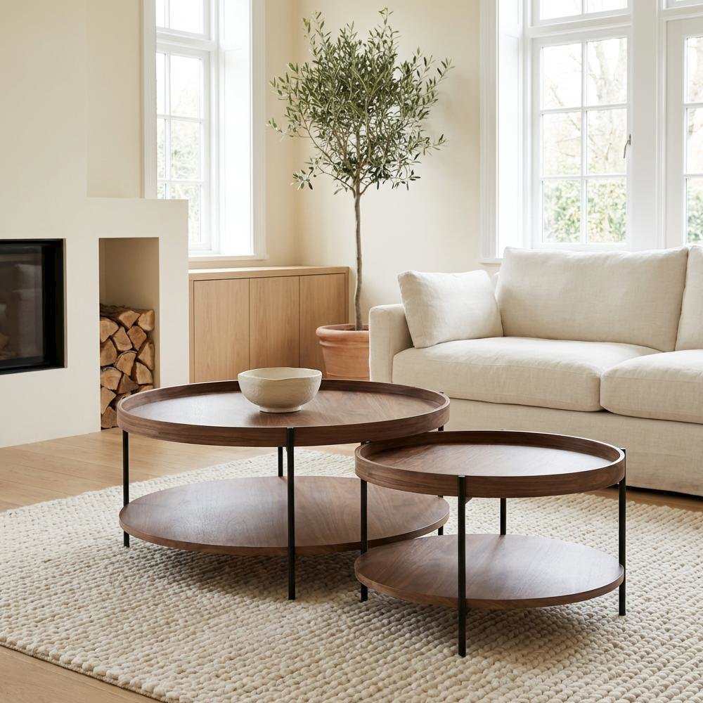 Veneer Round Coffee Table with Manufactured Wood and Metal Frame, Large