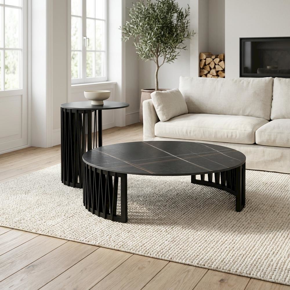 Black Round Coffee Table with Ceramic Top and Solid Wood Base for Living Room