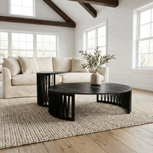 Black Round Coffee Table with Ceramic Top and Solid Wood Base for Living Room