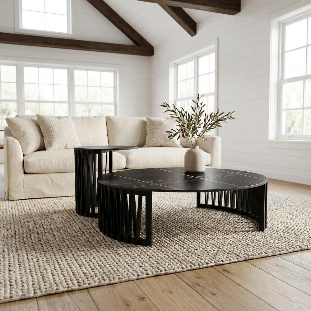 Black Round Coffee Table with Ceramic Top and Solid Wood Base for Living Room