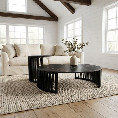 Black Round Coffee Table with Ceramic Top and Solid Wood Base for Living Room