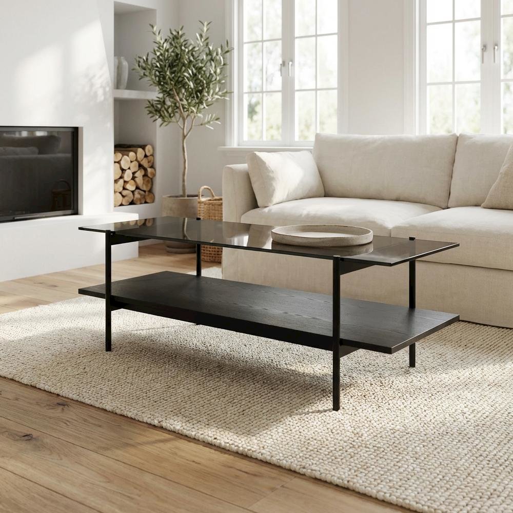 Black Glass Coffee Table with Iron Frame and Veneer Top for Living Room