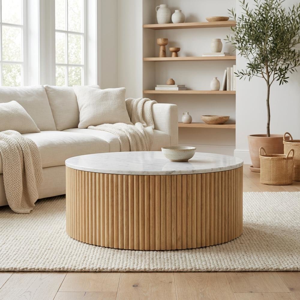 White Marble and Mango Wood Round Coffee Table with Sturdy Base