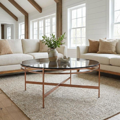Glass Coffee Table Gold Frame with Stainless Steel Base and Modern Design