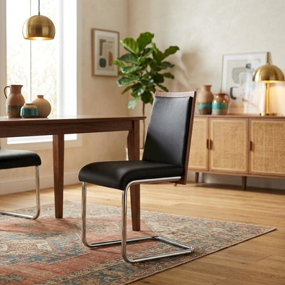 Modern Black and Walnut Dining Chairs with Cushioned Seating (Set of 2)