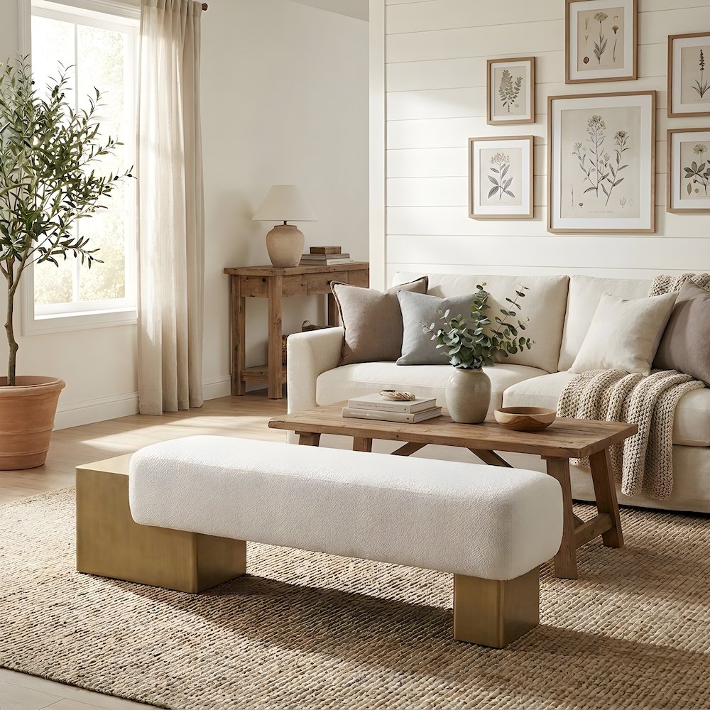Fabric-Upholstered Entryway Bench with Antique Brass Legs for Entryway