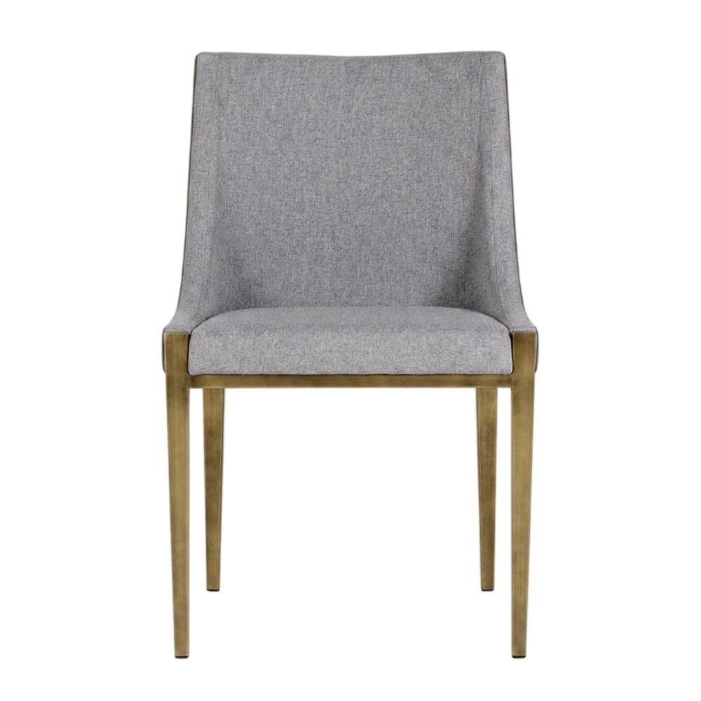 Modern grey and brass dining chair with padded seat and sleek design
