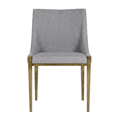 Modern grey and brass dining chair with padded seat and sleek design