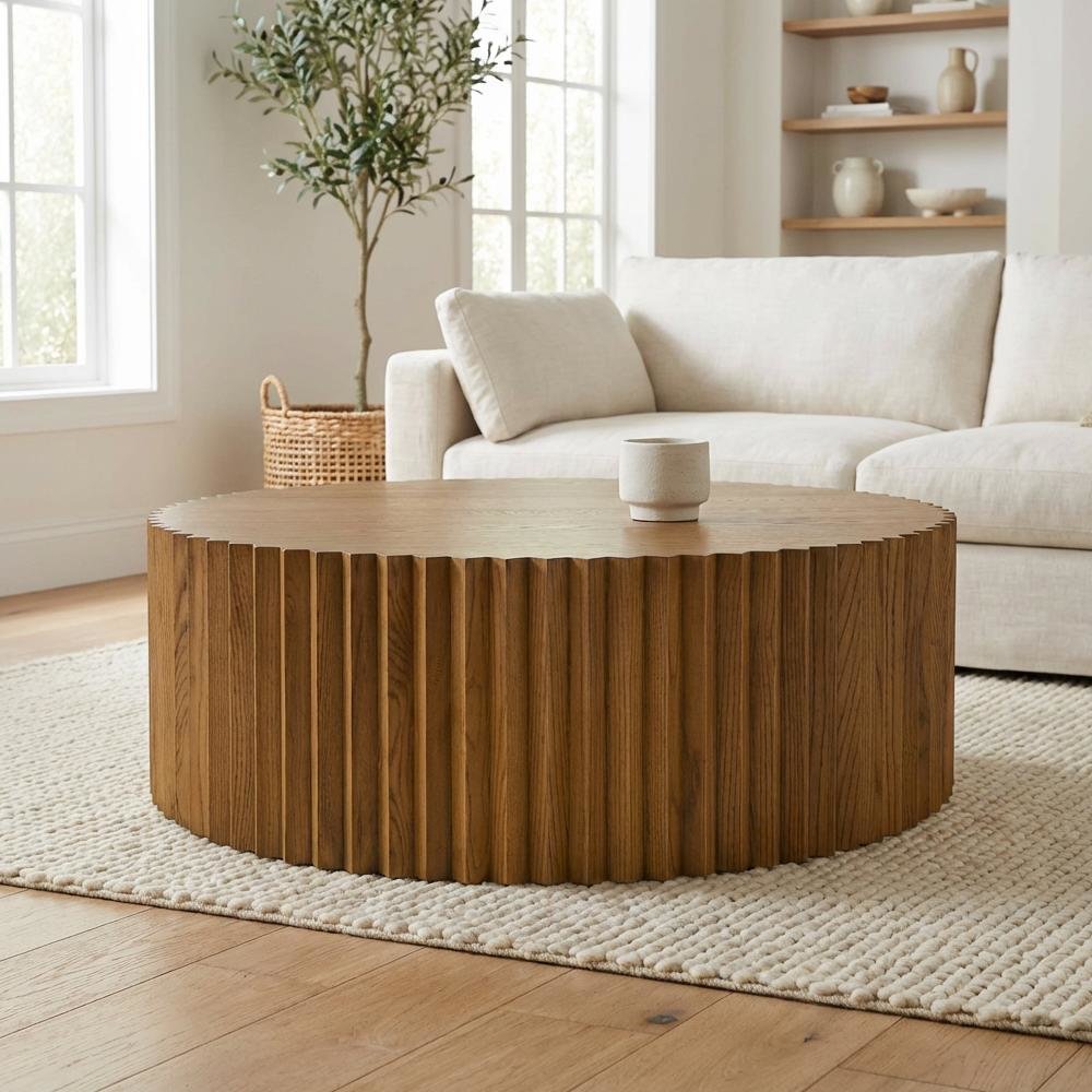 Brown Round Coffee Table with Solid and Manufactured Wood Top Durable Design