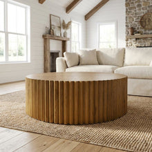 Brown Round Coffee Table with Solid and Manufactured Wood Top Durable Design