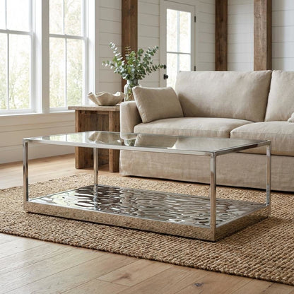 Silver Glass Coffee Table with Stainless Steel Frame and Sleek Wave Design