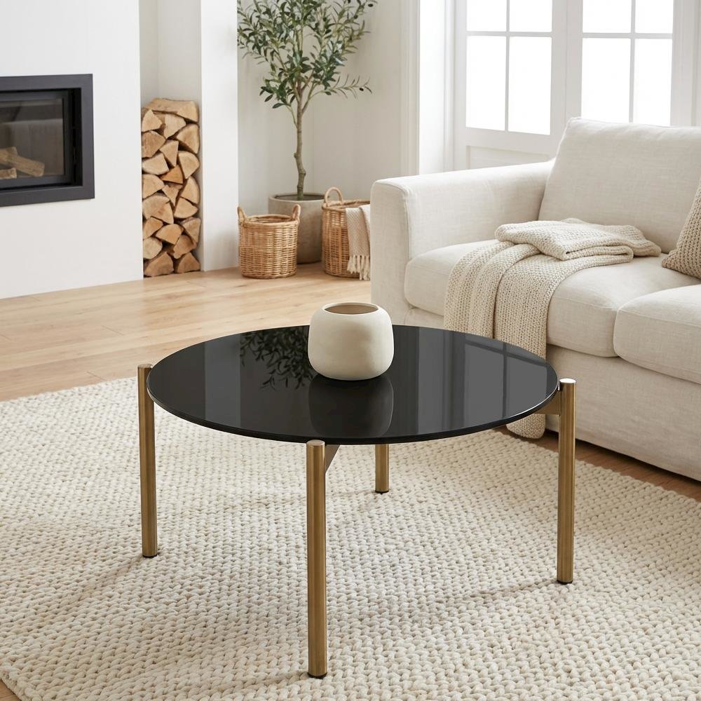 Black Marble Coffee Table with Gold Metal Frame and Elegant Design
