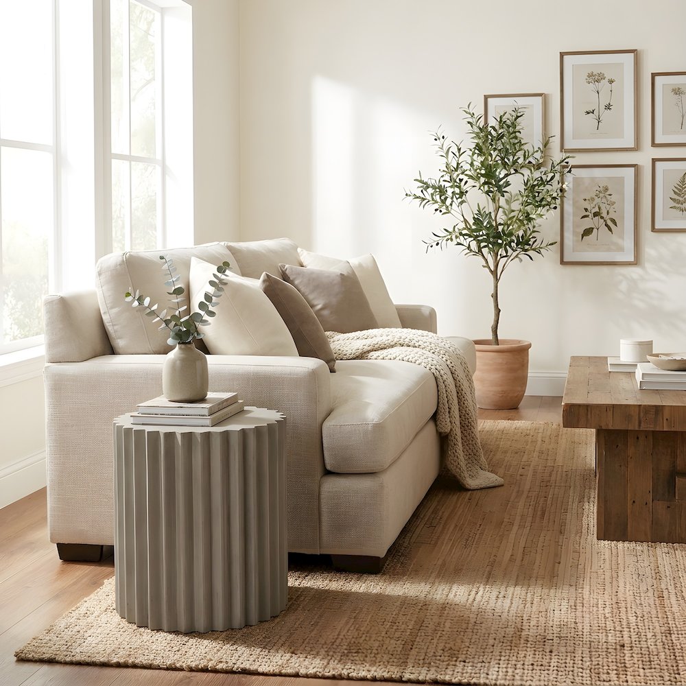 Concrete Round End Table with Ribbed Cylindrical Block Base for Living Room