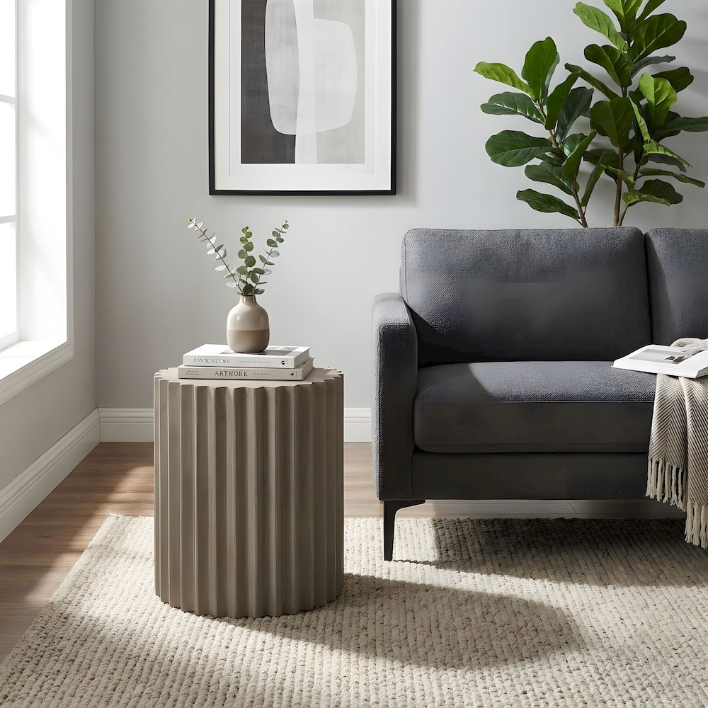 Concrete Round End Table with Ribbed Cylindrical Block Base for Living Room
