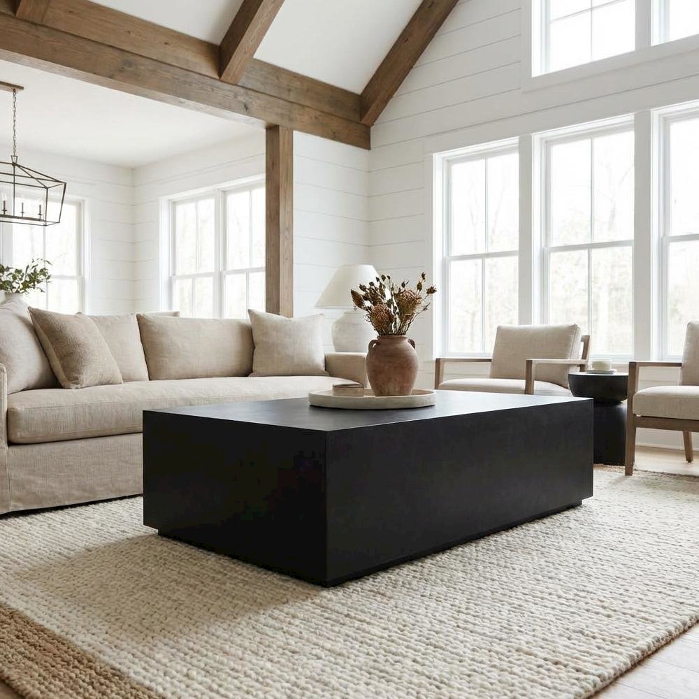Concrete Coffee Table Black Modern Design Single Piece Durable Surface