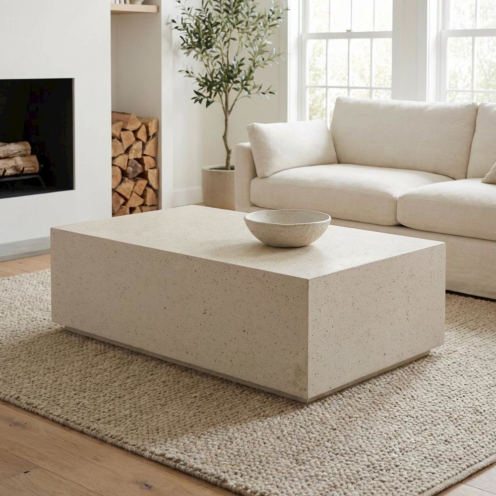 Beige Concrete Coffee Table with Terrazzo Finish and Modern Design Accent